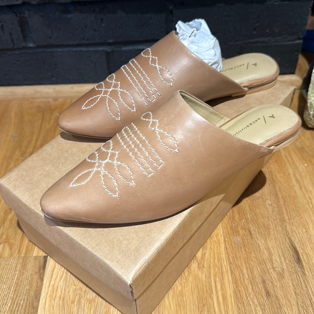 Anthropologie Tan Leather Embroidered Mule Clogs